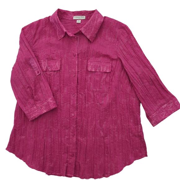Coldwater Creek Fuschia Patterned Button Up 3/4 Sleeve Blouse Size 2X (20/22) - Picture 1 of 9